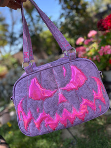 Hand Crafted : Mean Scarface Pumpkin Handbag Lavender Print and high shine Pink glitter