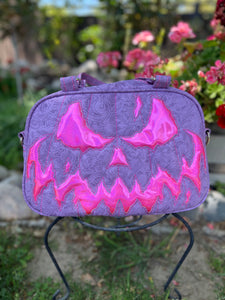 Hand Crafted : Mean Scarface Pumpkin Handbag Lavender Print and high shine Pink glitter