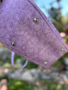 Hand Crafted : Mean Scarface Pumpkin Handbag Lavender embossed Print and Patent Black