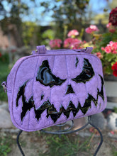 Load image into Gallery viewer, Hand Crafted : Mean Scarface Pumpkin Handbag Lavender embossed Print and Patent Black