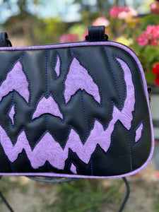 Hand Crafted : Pumpkin Happy Scar face HandBag Black and Embossed Lavender Print