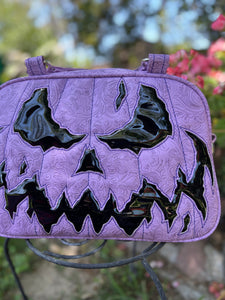 Hand Crafted : Mean Scarface Pumpkin Handbag Lavender embossed Print and Patent Black