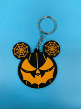 Load image into Gallery viewer, Black and orange bat mouth jack-o-lantern with spiderweb mouse ears keychain.