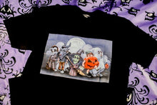 Load image into Gallery viewer,  pumpkin kult tricks over treats tee on purple background