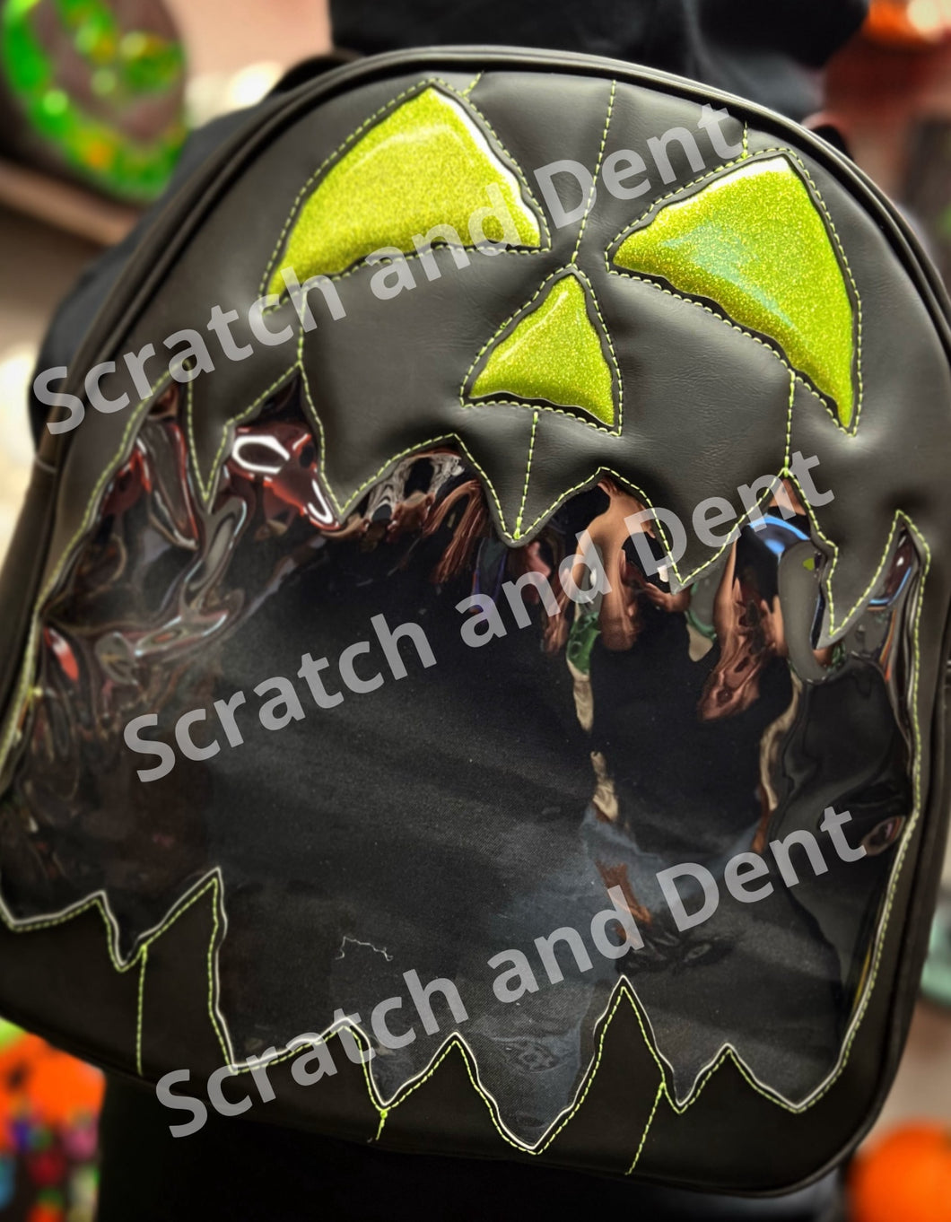 Scratch and Dent Large Pumpkin Kult Display Backpack -Black and Green Glitter Final Sale