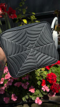 Load image into Gallery viewer, Handcrafted Square Double sided Spider Web Horror Business bag Charcoal with white stitches