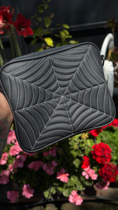 Handcrafted Square Double sided Spider Web Horror Business bag Charcoal with white stitches
