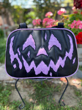 Load image into Gallery viewer, Hand Crafted : Pumpkin Happy Scar face HandBag Black and Embossed Lavender Print