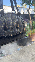 Load image into Gallery viewer, Handcrafted MissChievous Handbag- Black Croc with Gold Accents and Patent Black Vinyl