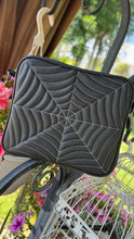 Load image into Gallery viewer, Handcrafted Square Double sided Spider Web Horror Business bag Charcoal with white stitches