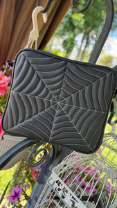 Handcrafted Square Double sided Spider Web Horror Business bag Charcoal with white stitches