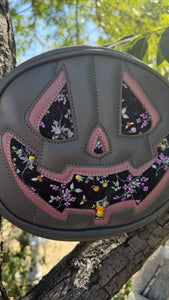 Handcrafted All Hallows Eve Pumpkin Crossbody- charcoal, mauve and floral