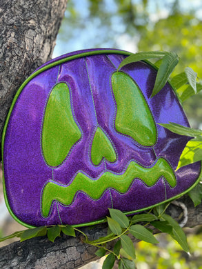 Handcrafted Scared Stiff Pumpkin bag/ Purple Glitter and Green Glitter- Backpack