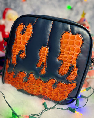Sale Handcrafted Goo Pumpkin Crossbody Bag Midnight blue and Orange Crocodile