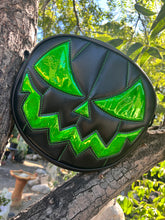 Load image into Gallery viewer, Handcrafted Mean Face Bag: Matte Black &amp; high shine green Glitter