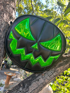 Handcrafted Mean Face Bag: Matte Black & high shine green Glitter