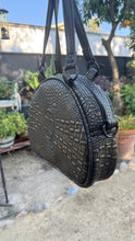 Load image into Gallery viewer, Handcrafted MissChievous Handbag- Black Croc with Gold Accents and Patent Black Vinyl