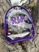 Load image into Gallery viewer, Hand crafted clear Mini RIP bag purple glitter