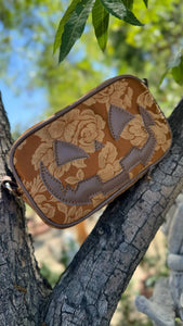Handcrafted Small Happy Face Belt Bag : Floral Tapestry and Brown