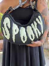 Load image into Gallery viewer, Handcrafted Spiked Spooky bag Glow in the Dark with spiderwebs