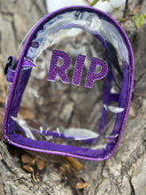 Load image into Gallery viewer, Hand crafted clear Mini RIP bag purple glitter