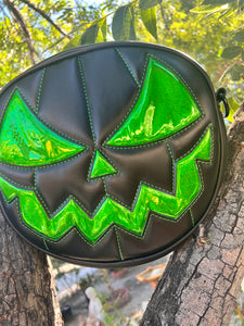 Handcrafted Mean Face Bag: Matte Black & high shine green Glitter