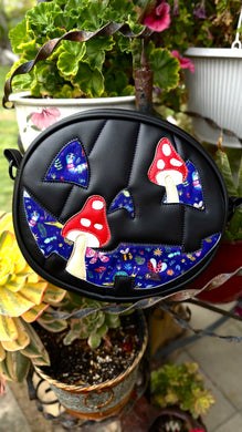 Hand Crafted Happy face Black with Bug Fabric w/Mushrooms