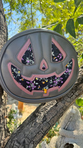 Handcrafted All Hallows Eve Pumpkin Crossbody- charcoal, mauve and floral