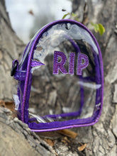 Load image into Gallery viewer, Hand crafted clear Mini RIP bag purple glitter