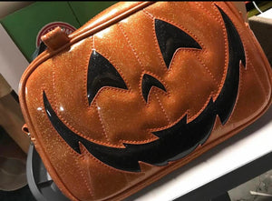 Pre Order Hand Crafted : Classic Happy Pumpkin Handbag Orange glitter and black glitter with green straps