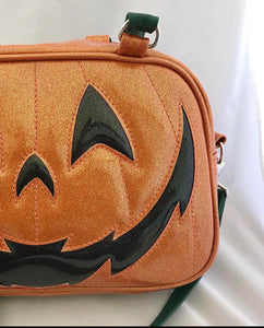 Pre Order Hand Crafted : Classic Happy Pumpkin Handbag Orange glitter and black glitter with green straps