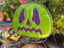 Load image into Gallery viewer, Handcrafted Scared stiff Pumpkin bag Green Glitter and purple glitter -Crossbody-Discontinued