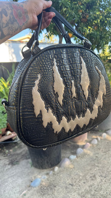 Handcrafted Too Bad Pumpkin bag Black Croc with Gold accents and champagne