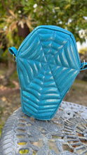 Load image into Gallery viewer, Handcrafted Spiderweb Coffin bag- Glitter Blue