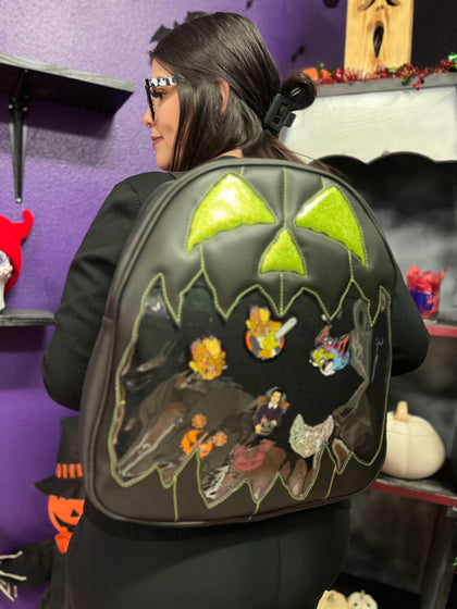 Large Pumpkin Kult Display Backpack -Black and Green Glitter