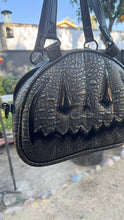 Load image into Gallery viewer, Handcrafted MissChievous Handbag- Black Croc with Gold Accents and Patent Black Vinyl