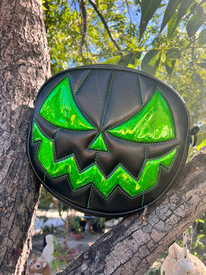Handcrafted Mean Face Bag: Matte Black & high shine green Glitter