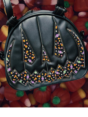 Handcrafted MissChievous Handbag- Black and Candy fabric