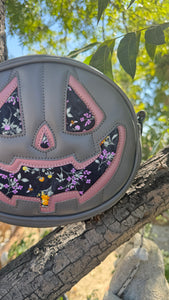 Handcrafted All Hallows Eve Pumpkin Crossbody- charcoal, mauve and floral