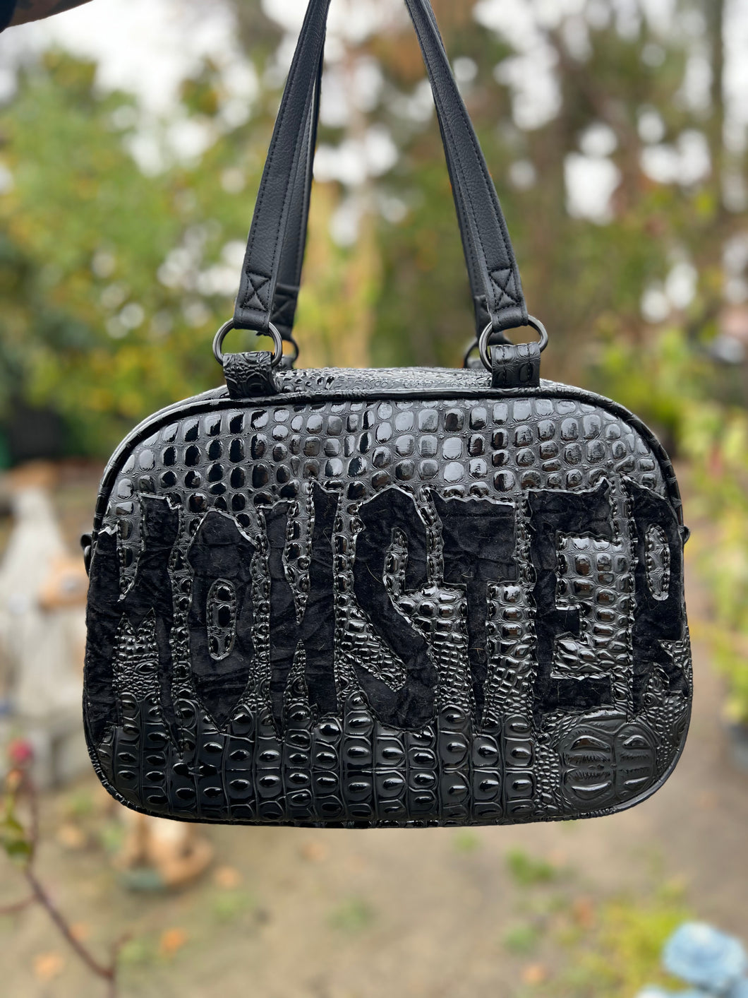 Hand Crafted : Monster Handbag Black Croc Print and velvet Black