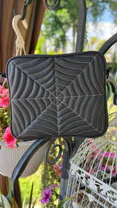 Handcrafted Square Double sided Spider Web Horror Business bag Charcoal with white stitches
