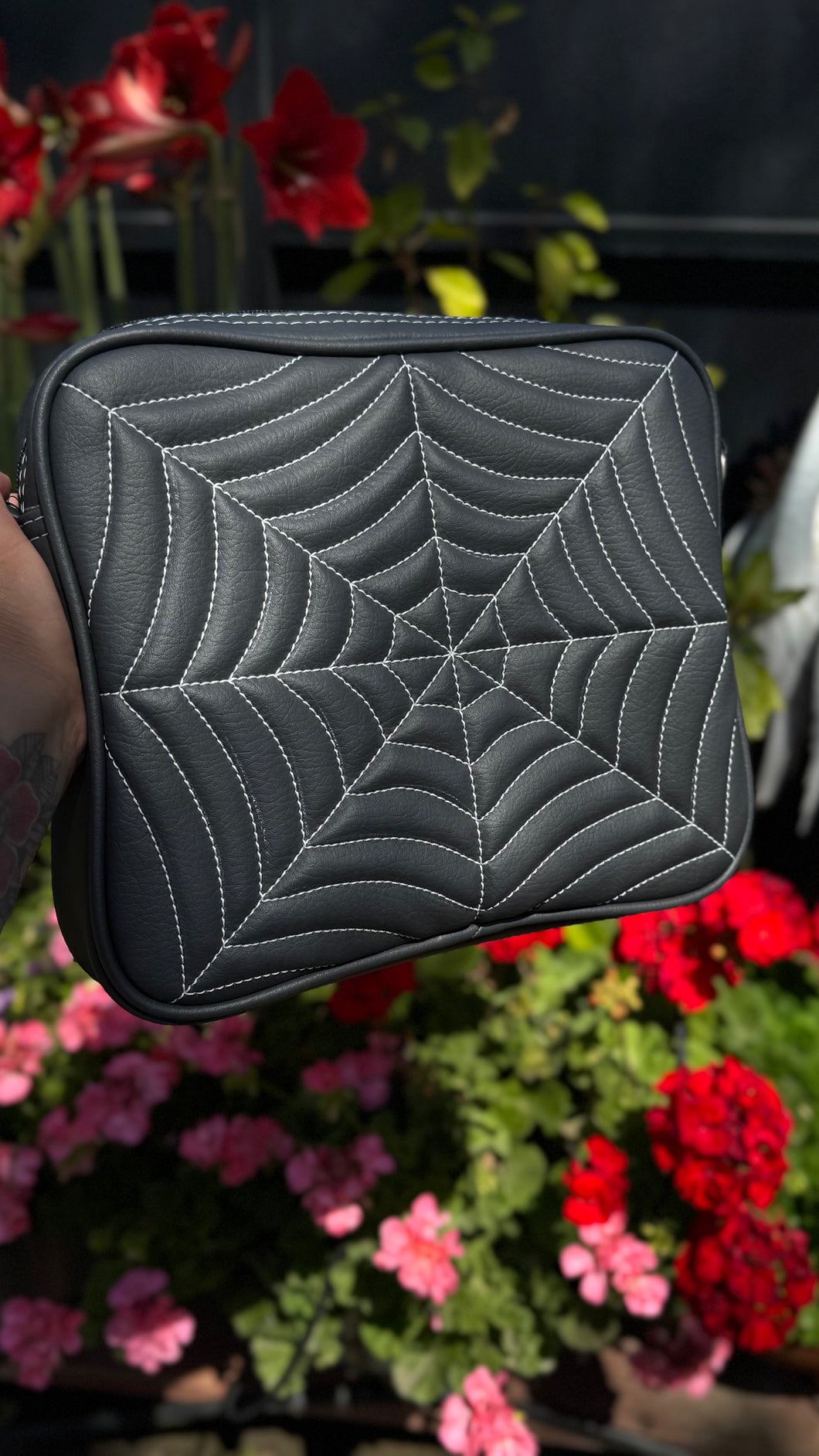 Handcrafted Square Double sided Spider Web Horror Business bag Charcoal with white stitches