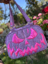 Load image into Gallery viewer, Hand Crafted : Mean Scarface Pumpkin Handbag Lavender Print and high shine Pink glitter