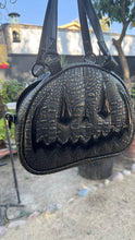 Load image into Gallery viewer, Handcrafted MissChievous Handbag- Black Croc with Gold Accents and Patent Black Vinyl