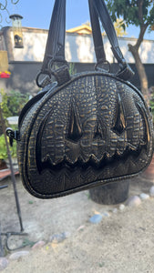 Handcrafted MissChievous Handbag- Black Croc with Gold Accents and Patent Black Vinyl