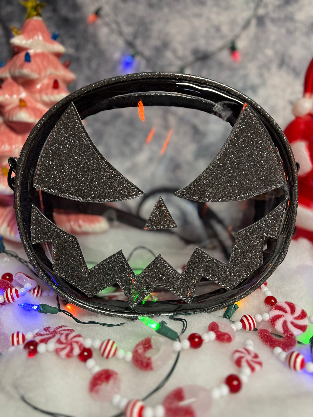 Hand Crafted : Mean Face clear Concert bag with dark Grey Glitter face