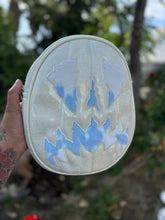 Load image into Gallery viewer, Handcrafted Scaredy Cat Bag: White glitter and Blue Cow print