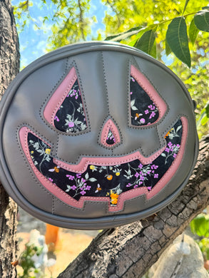 Handcrafted All Hallows Eve Pumpkin Crossbody- charcoal, mauve and floral
