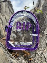 Load image into Gallery viewer, Hand crafted clear Mini RIP bag purple glitter
