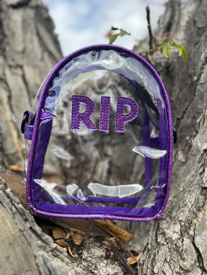 Hand crafted clear Mini RIP bag purple glitter